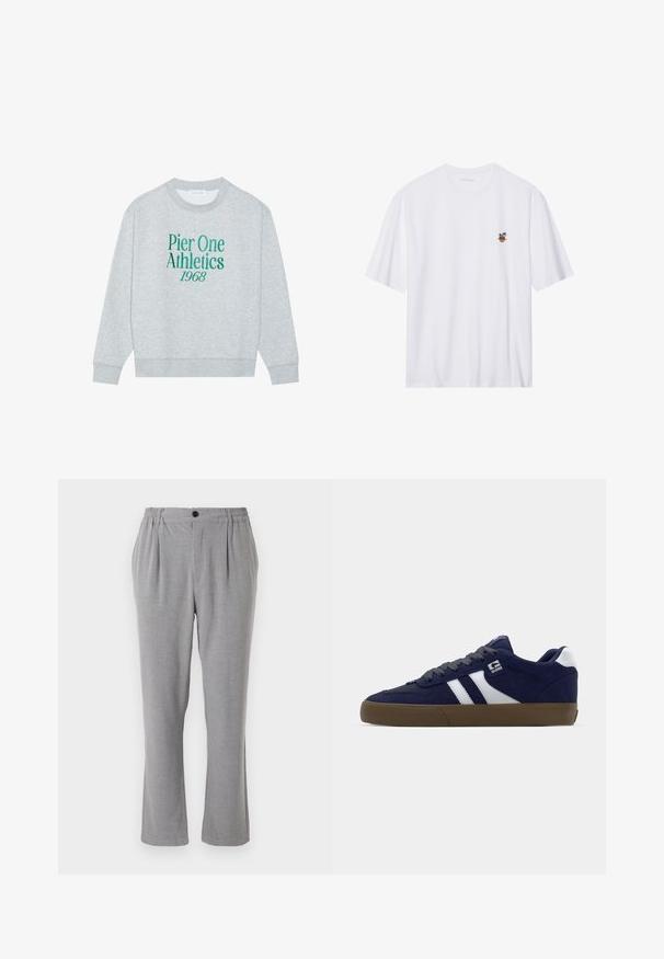 Grå sweatshirt med rund hals, prydet med grøn broderet tekst: "Pier One Athletics 1968" på forsiden. Lange ærmer, ribbede manchetter.; Hvid bomulds t-shirt med korte ærmer, der har et lille broderet design af palmer i en krukke på venstre brystområde.; Grå bukser med et tekstureret stof, der har en knaplukning og elastisk talje. Lige ben-design med sidelæg.; Mørkeblå ruskinds sneakers med hvide striber, grå snørebånd og en tekstureret brun gummisål. Har et logo på siden og en polstret krave.