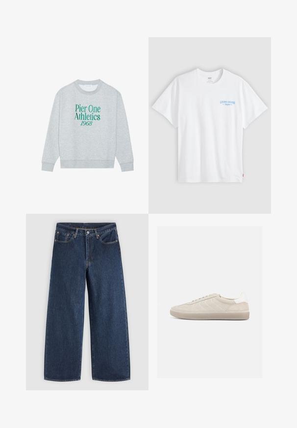 Sweat-shirt gris avec col rond, doté d'un texte brodé vert : "Pier One Athletics 1968" sur le devant. Manches longues, poignets côtelés.; T-shirt blanc à manches courtes avec un petit texte bleu "LIVING LEGEND" imprimé sur le côté gauche de la poitrine, sur un fond gris uni.; Jean en denim bleu foncé à jambes larges avec poches avant, fermeture à boutons et passants de ceinture, posé à plat sur un fond clair.; Baskets en daim beige avec une tige texturée, un contrefort de talon blanc lisse, de fines lacets et une semelle extérieure en caoutchouc. Présente un design bas profil.