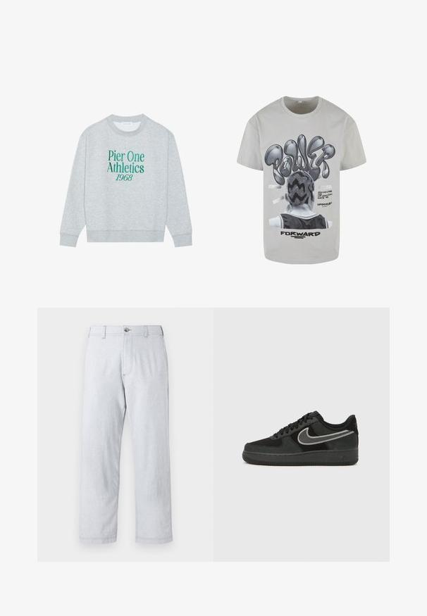 Grå sweatshirt med rund hals, prydet med grøn broderet tekst: "Pier One Athletics 1968" på forsiden. Lange ærmer, ribbede manchetter.; Lys grå bomulds-t-shirt med et grafisk design, hvor ordet "POWER" står i fed, stiliseret sort skrift, samt en illustration af en person set fra bagfra.; Lys grå, lige ben bukser lavet af tekstureret stof. Har en frontlukkefunktion med knap og bæltestropper. Ingen synlige mønstre eller accenter.; Nike Air Force 1 sneaker i sort ruskind og læder med en sølvfarvet swoosh, rund tå, snørebånd og tekstureret gummiydersål.