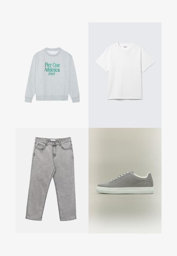 Sweat-shirt gris avec col rond, doté d'un texte brodé vert : "Pier One Athletics 1968" sur le devant. Manches longues, poignets côtelés.; T-shirt blanc à manches courtes et col rond, étalé à plat, design uni, avec l'étiquette "WEEKDAY" à l'intérieur du col sur un fond clair.; Jean en denim gris clair avec bouton et fermeture éclair à l'avant, passants pour ceinture et cinq poches, posé à plat sur un fond blanc.; Baskets en daim gris avec semelle en caoutchouc blanche et lacets, présentant un design bas et une texture lisse. Style minimaliste sans logos visibles.