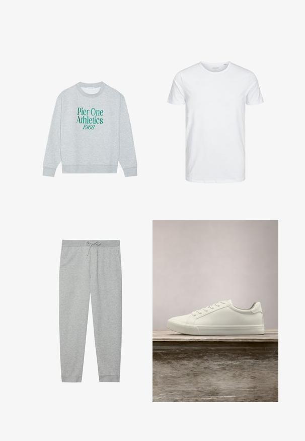 Sweat-shirt gris avec col rond, doté d'un texte brodé vert : "Pier One Athletics 1968" sur le devant. Manches longues, poignets côtelés.; T-shirt à col rond à manches courtes de couleur blanche unie, fabriqué en coton doux, avec un design simple sans motifs ni accents visibles.; Pantalon de survêtement gris en mélange de coton doux, avec une taille élastique et un cordon de serrage, des poches latérales et des poignets fuselés.; Sneaker en dentelle blanche flottant au-dessus d'un banc en bois avec un feuillage vert en arrière-plan, mettant en valeur le design et la texture de la chaussure.