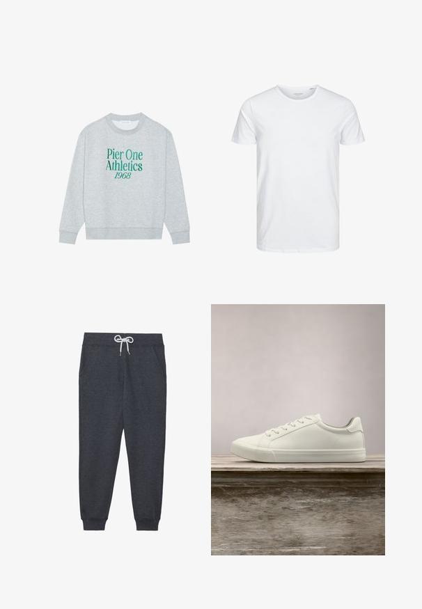 Grauer sweatshirt mit Rundhalsausschnitt, mit grünem gesticktem Text: "Pier One Athletics 1968" auf der Vorderseite. Langärmlig, mit gerippten Bündchen.; Rundhals-T-Shirt mit kurzen Ärmeln in reinem Weiß, aus weicher Baumwolle, mit einem schlichten Design ohne sichtbare Muster oder Akzente.; Dunkelgraue Sweatpants aus weichem Material, mit einem elastischen Bund und weißem Kordelzug, vorderen Taschen und gerippten Bündchen.; Weiße Schnürsneaker, die über einer Holzbank mit grünem Laub im Hintergrund schweben und das Schuhdesign sowie die Textur zeigen.