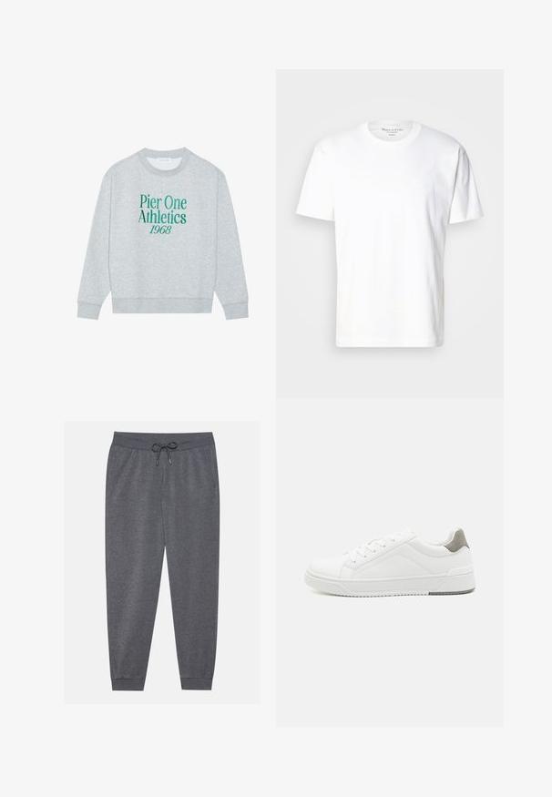 Grå sweatshirt med rund hals, prydet med grøn broderet tekst: "Pier One Athletics 1968" på forsiden. Lange ærmer, ribbede manchetter.; Hvid bomulds t-shirt med rund hals og korte ærmer. Har en diskret logo detalje på fronten. Glat tekstur, afslappet pasform.; Grå sweatpants med elastisk talje, justerbar snøre, sidelommer og tætsiddende manchetter, lavet af et blødt stof.; Hvid sneaker lavet af glat læder, rund tå, minimalistisk design, grå hælafsats og tekstureret gummisål.