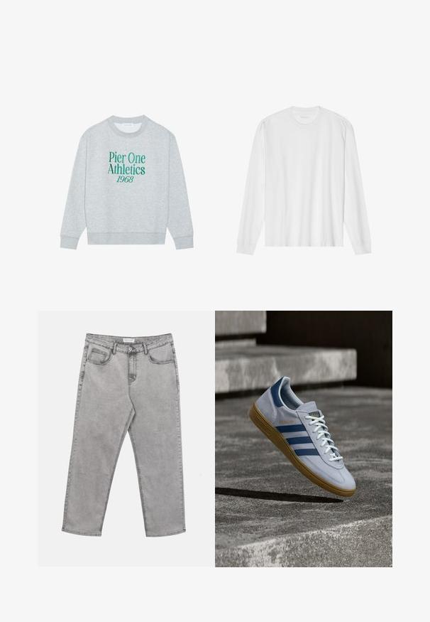Grå sweatshirt med rund hals, prydet med grøn broderet tekst: "Pier One Athletics 1968" på forsiden. Lange ærmer, ribbede manchetter.; Hvid, langærmet t-shirt i bomuld med rund hals, med ribbede ærmeafslutninger og en lige kant, glat tekstur og minimalistisk design.; Lysegrå denimjeans med forreste knap og lynlås, bæltestropper og fem lommer, lagt fladt på en hvid baggrund.; Lyseblå Adidas Spezial sneakers med marineblå striber og gummisål, vist i luften over betontrapper i et neutralt udendørsmiljø.