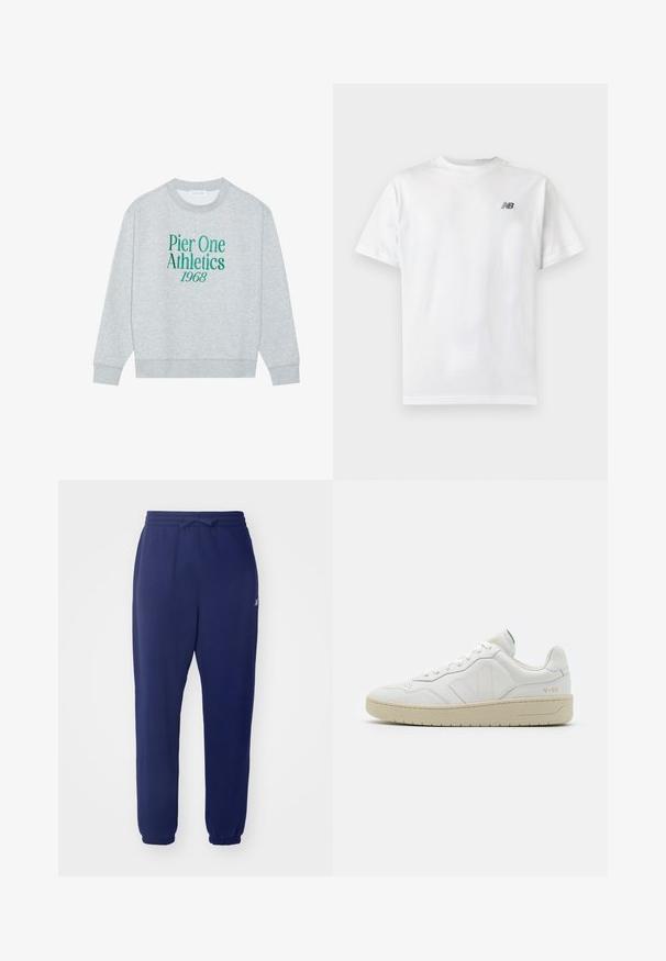 Grauer sweatshirt mit Rundhalsausschnitt, mit grünem gesticktem Text: "Pier One Athletics 1968" auf der Vorderseite. Langärmlig, mit gerippten Bündchen.; Weißes T-Shirt mit kurzen Ärmeln und Rundhalsausschnitt mit kleinem schwarzem New Balance-Logo auf der oberen linken Brust auf einem einfarbigen hellen Hintergrund.; Navyblaue Jogginghosen mit elastischem Bund und Kordelzug, tapered Beinen und gerippten Bündchen. Aus weichem Stoff und mit minimalem Branding.; Weiße Leder-Sneaker mit strukturierter Oberfläche und gepolstertem Kragen. Sie verfügen über eine beigen Gummisohle und dezente Markenkennzeichnung an der Ferse und an der Seite.