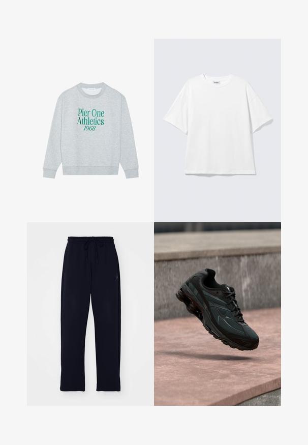 Sweat-shirt gris avec col rond, doté d'un texte brodé vert : "Pier One Athletics 1968" sur le devant. Manches longues, poignets côtelés.; T-shirt blanc oversize à manches courtes, col rond, épaules tombantes, posé à plat sur fond gris clair.; Pantalons de survêtement noirs en tissu doux. Dotés d'une taille élastique avec cordon de serrage et de poches latérales. Design à jambe droite.; Baskets athlétiques noires avec une semelle intercalaire à coussin d’air visible flottant au-dessus d’une surface en pierre rose avec un mur en pierre gris en arrière-plan.