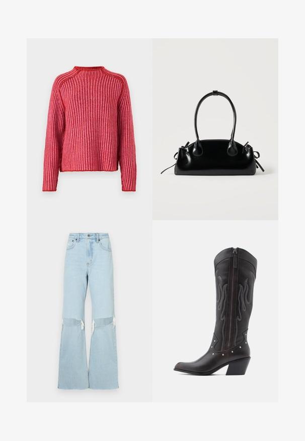 Pull rouge avec des rayures verticales, texture côtelée, col rond et manches longues. L'ourlet est légèrement court avec des bords ton sur ton.; Jean en denim bleu clair, large et à taille haute, avec découpes aux genoux et ourlets effilochés. Fermeture éclair et bouton à l'avant, design classique à cinq poches.; Bottes de cowboy en cuir marron avec surpiqûres en forme de flammes, fermeture éclair latérale, clous argentés, bout pointu et talon superposé.; Petit sac à main noir brillant avec deux longues anses et des détails à cordon sur les côtés sur un fond clair uni.