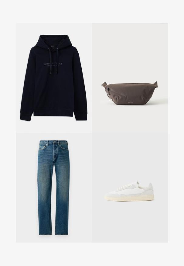 Tumedat sinine kapuutsiga särk, millel on peenikesed paelad ja rinnal on trükitud "Armani Exchange Milano / New York" ning ribikud varrukaotstes ja allääres.; Sinised denim teksad sirge säärega disainiga, viie taskuga stiil, peene bleežimisega ja kontrastsete õmbluse aktsentidega.; Valge tennisejalanõu, mille ülemine osa on valmistatud tekstuurse seemisnahast ja nahast. Omab ümarat ninaosa, paeltega sulgurit ja kontrastset beeži kummist tallaga.; Tumepruun kangast vöökott diagonaalse tõmblukuga tasku ja esi küljel oleva väikese valge logoga, heleda ühevärvilise taustaga.