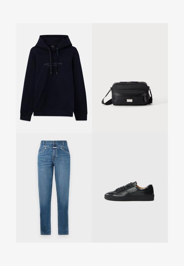 Marineblå hoodie med snoretræk og "Armani Exchange Milano / New York" trykt på brystet, med ribbede manchetter og kant.; Blå, højtaljede straight-leg jeans med frontlommer, bæltestropper, knaplukning og subtile falmningdetaljer.; Sorte lædersneakers med en glat overflade, rund tå og snørebåndslukning. Har en tyk gummisål og minimal branddetalje.; Sort rektangulær crossbody-taske med front lynlåslomme, justerbar rem og sølv rektangulært logo mærke på ensfarvet baggrund.