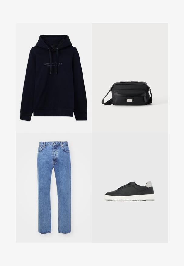 Tumedat sinine kapuutsiga särk, millel on peenikesed paelad ja rinnal on trükitud "Armani Exchange Milano / New York" ning ribikud varrukaotstes ja allääres.; Won Hundred STEVE - Avar lõikega teksad - cut blue; Must madala säärega toss valge tallaga ja halli kannaosaga, küljevaade, tavalisel valgel taustal.; Must ristmik ülakehaga kandekott ees oleva tõmblukuga tasku, reguleeritava rihma ja hõbedase ristküliku kujuga logoplaadiga ühevärvilisel taustal.