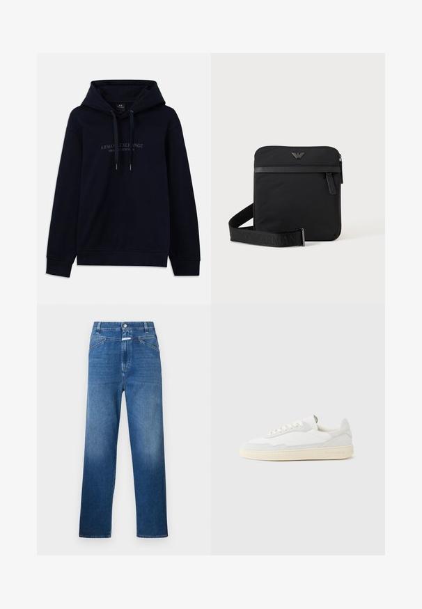 Marineblå hoodie med snoretræk og "Armani Exchange Milano / New York" trykt på brystet, med ribbede manchetter og kant.; Blå denimjeans med lige ben, der har en knaplukning, bæltestropper og let falmning på lårene.; Hvid sneakers med en øvre del i tekstureret ruskind og læder. Har rundet tå, snørelukning og kontrasterende beige gummisål.; Sort firkantet skuldertaske med lynlås, frontlomme og justerbar rem med præget brandnavn.