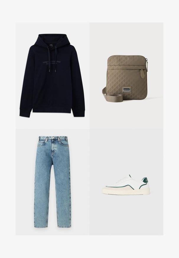 Navyblauwe hoodie met trekkoorden en "Armani Exchange Milano / New York" gedrukt op de borst, met ribgebreide boorden en onderkant.; Lichtblauwe spijkerbroek met een rechte pijp, vijf zakken en een messing knoopsluiting. De stof heeft een licht gestructureerde, vervaagde uitstraling.; Witte lage sneakers met groene accenten, beige suede details en een crème-kleurige zool met een geribbelde onderkant.; Beige crossbodytas met verstelbare band, voorvak met ritssluiting en een reliëf geometrisch patroon, voorzien van een klein metalen logoplaatje.