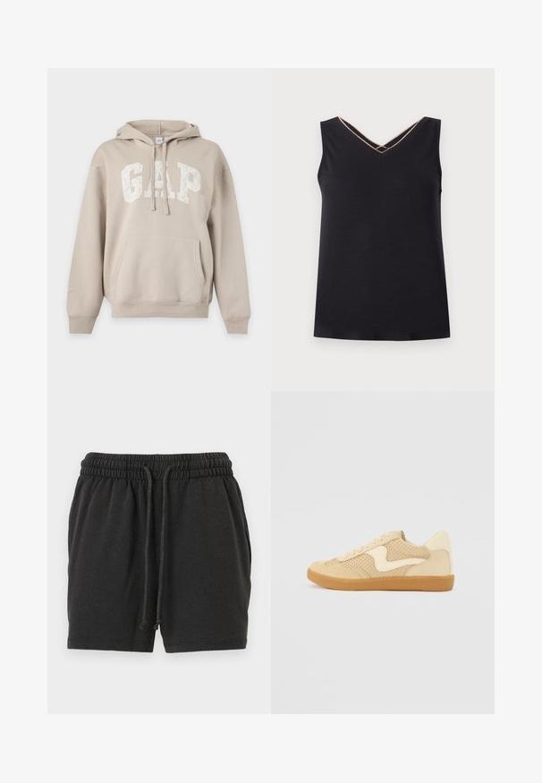 Sweat à capuche beige avec poche avant et "GAP" en grandes lettres blanches sur la poitrine, cordons pendants à la capuche.; Haut noir sans manches avec col en V et détail délicat à double bretelle au niveau de l'encolure, tissu uni, ourlet droit.; Shorts à taille élastique noire avec cordon de serrage et poches latérales, fabriqués dans un tissu doux et confortable.; Sneaker beige avec des matériaux en daim et en maille, forme arrondie, col rembourré proéminent et semelle en caoutchouc gomme. Présente un accent de design en forme de vague.