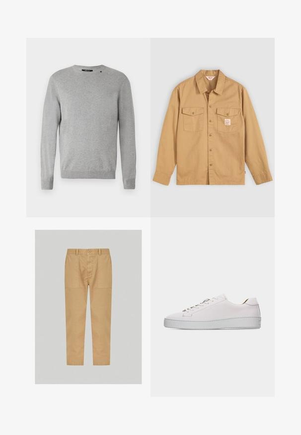 Lys grå sweater med lange ærmer, rund halsudskæring, strikket tekstur og et simpel design med et lille logo over venstre skulder.; Tan knapkrave skjorte med lange ærmer, to brystlommer og et lille mærke. Lavet af bomuld med en blød tekstur og klassisk kravedesign.; Beige bomuldsbukser med lige pasform, frontknaplukning og to store sidelommer; glat tekstur og uden mønstre.; Hvid lædersneaker med lavt snit, hvide snørebånd, flad, tekstureret gummisål og minimal syning, vist fra ydersiden på en hvid baggrund.