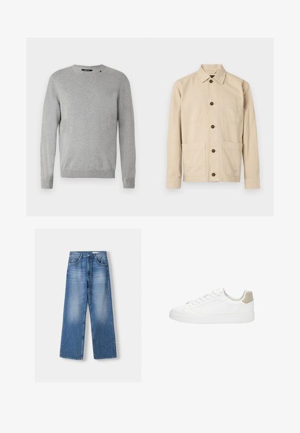 Lys grå sweater med lange ærmer, rund halsudskæring, strikket tekstur og et simpel design med et lille logo over venstre skulder.; Lysebeige arbejdsjakke, bomuldsstof, med knapper foran, spids krave, to brystlommer, to nederste lommer, brune knapper, syningsdetaljer.; Lyseblå denim brede bukser med høj talje, der har fem lommer og en falmet vask, syet kant og metalknaplukning.; Hvid lavtop sneaker med snørebånd foran, glat læderoverdel, lys beige hælskinne og flad gummisål.
