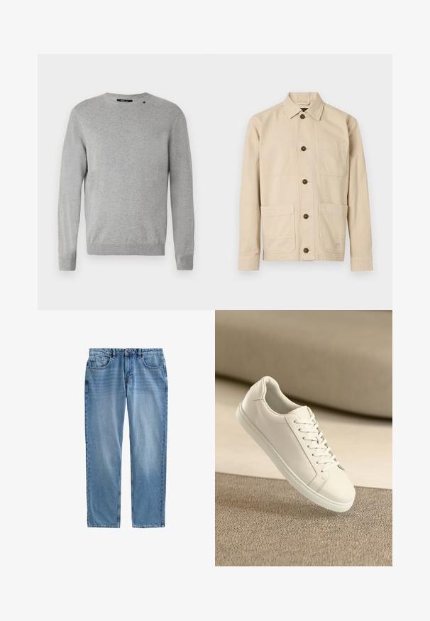 Lys grå sweater med lange ærmer, rund halsudskæring, strikket tekstur og et simpel design med et lille logo over venstre skulder.; Lysebeige arbejdsjakke, bomuldsstof, med knapper foran, spids krave, to brystlommer, to nederste lommer, brune knapper, syningsdetaljer.; Lyseblå denimjeans med lige ben, fem-lomme design, synlig syning og lynlås. Ingen slid eller mønstre.; Hvide lædersneakers med hvide snørebånd, præsenteret på en beige tekstureret overflade og med en blødt uskarp baggrund.