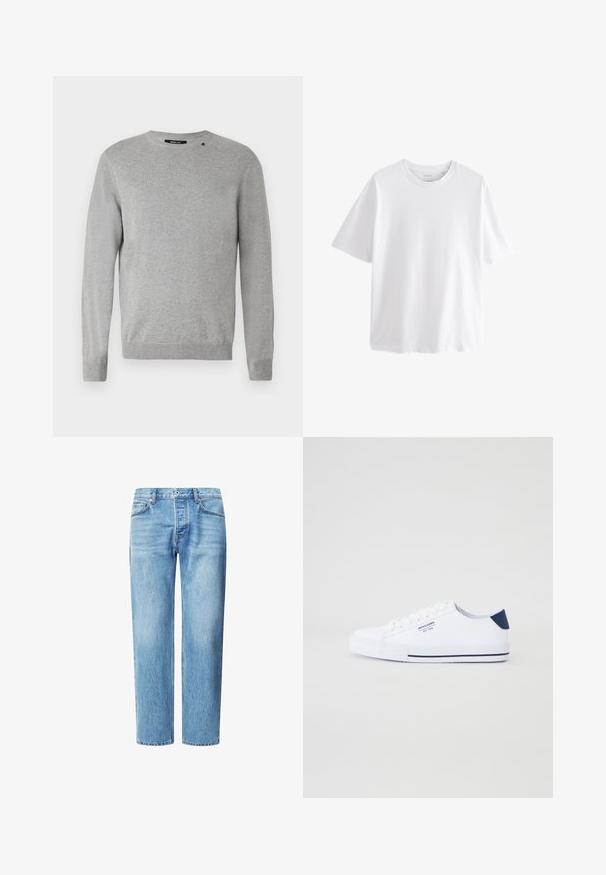 Lys grå sweater med lange ærmer, rund halsudskæring, strikket tekstur og et simpel design med et lille logo over venstre skulder.; Simpel hvid T-shirt med korte ærmer og rund hals med en afslappet pasform på hvid baggrund.; Lyseblå denimjeans med lige ben, fem lommer og klassisk knap- og lynlåslukning. Subtil falmet tekstur i hele stoffet.; Hvide kanvas sneakers med en marineblå hælaccents, flad gummisål, rund tå og hvide snørebånd. Har logo på siden.