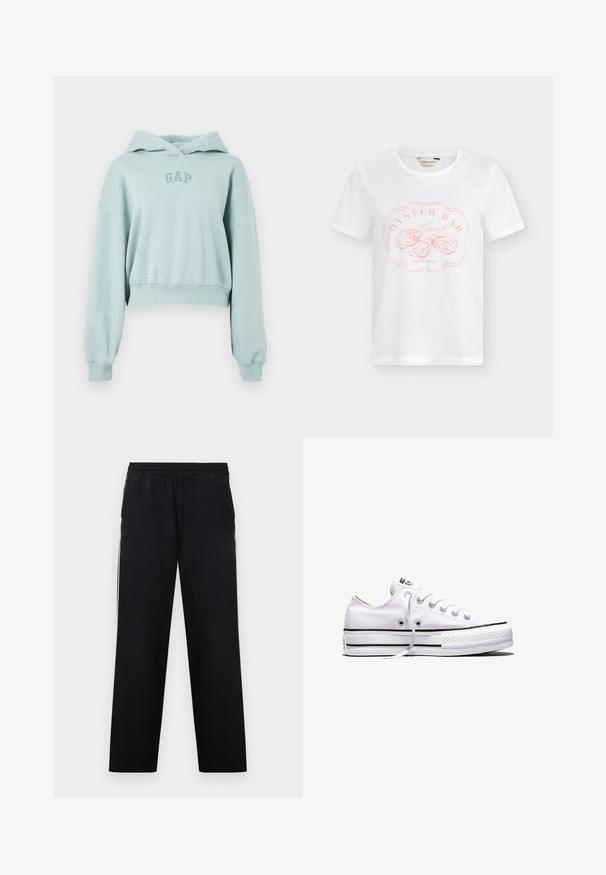 Lyseblå kort hættetrøje lavet af blød bomuld, med hætte, lange ærmer og en lille "GAP"-logo i en lidt mørkere blå.; Hvid t-shirt med korte ærmer og rund hals, med lyserød "Oyster Bar" tekst og østersskallillustrationer på fronten.; Sorte bomuldspantaloner med elastisk talje, lige ben og hvide striber i siden. Glat tekstur og skræddersyet pasform.; Hvid lavtop lærredssneakers med hvide snørebånd, sorte striber på sålen og gummieret tekstureret tåhætte, sidevendt på hvid baggrund.