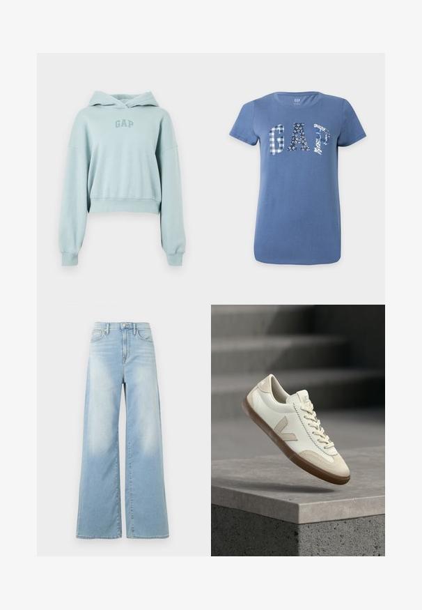 Sweat à capuche court bleu clair en coton doux, avec une capuche, des manches longues et un petit logo "GAP" en bleu légèrement plus foncé.; T-shirt bleu à manches courtes avec "GAP" en grandes lettres sur la poitrine, chaque lettre présentant un motif bleu et blanc différent.; Jean large bleu clair à taille haute, avec boutons à l'avant et poches, présenté sur un fond blanc.; Baskets blanches et beige avec semelle gomme flottant au-dessus d'une surface en béton gris avec des escaliers flous en arrière-plan.