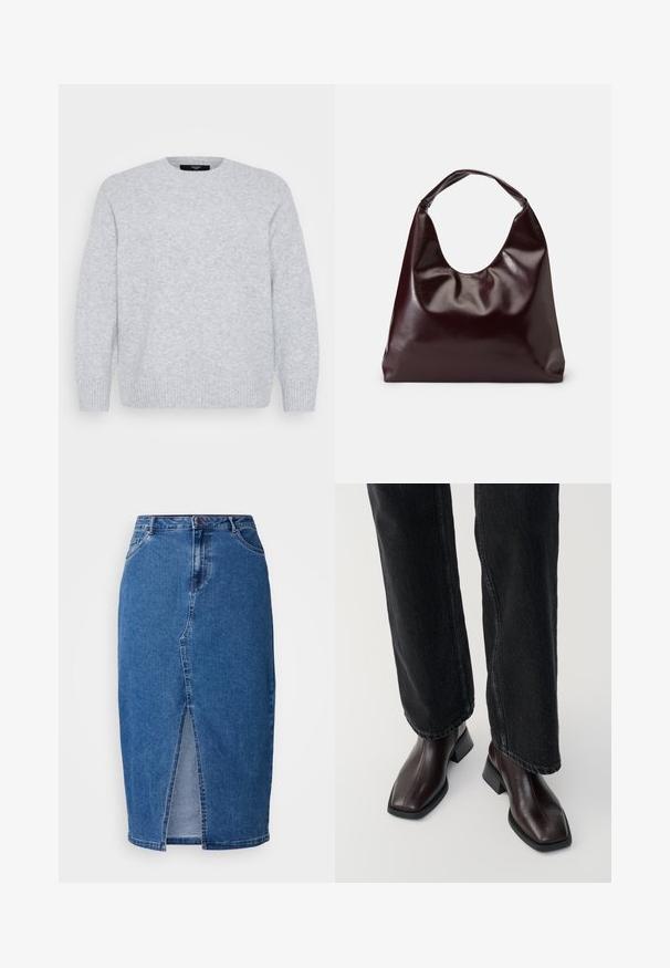 Vero Moda Curve Knitted VMCBOOM Knitted - Striktrøje - light grey melange; Denim nederdel i mellemblå med en frontslids, høj talje, fem lommer og bæltesløjfer. Stoffet har en tekstureret finish.; Brune læder ankelstøvler med firkantet tå og blokhæl, parret med sorte brede jeans. Glat tekstur og minimalistisk design.; Bordeaux, skinnende vegansk læder tote taske med en blød, skulpturel form og et bredt, buet håndtag for nem bæring.