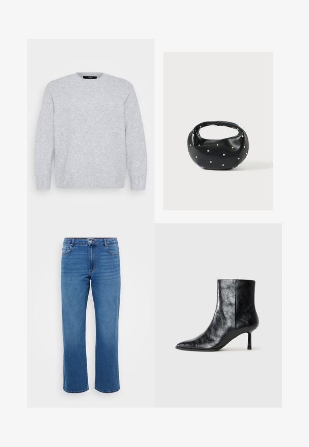 Vero Moda Curve Knitted VMCBOOM Knitted - Striktrøje - light grey melange; Blå denimjeans med lige ben, der har en knaplukning, klassisk fem-lomme design og en subtil falmet tekstur på lårene.; Sort læder ankelstøvle med spids tå og en tynd, kort hæl. Har en tekstureret overflade og et rent design med en sømløs side.; Sort læderhåndtaske med en rundet form, dekoreret med sølvnitter, og et kort håndtag. Glat tekstur og lynlåslukning.