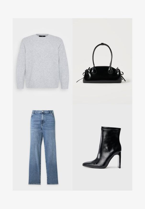 Vero Moda Curve Knitted VMCBOOM Knitted - Striktrøje - light grey melange; Blå jeans med højtaljet snit og lige ben, forlommer, knaplukning og subtil falmning på det øverste af lårene.; Sorte læder ankelstøvle med spidse tæer og høj klar hæl. Glat tekstur og minimal syning på overmaterialet.; Lille sort blank håndtaske med to lange håndtag og snøre-detaljer i siden på en ensfarvet lys baggrund.