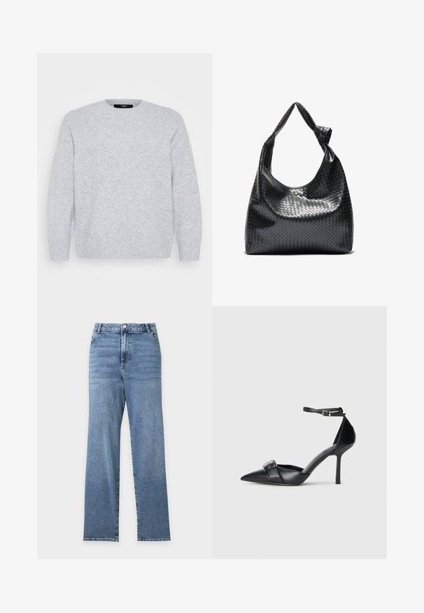 Vero Moda Curve Knitted VMCBOOM Knitted - Pullover - light grey melange; Jean bleu taille haute à jambes droites avec poches avant, fermeture par boutons et légère décoloration sur le haut des cuisses.; Escarpin noir en cuir avec un bout pointu, une bride à la cheville et un accent de boucle en argent. Texture lisse avec une silhouette élégante.; Sac à main en cuir tissé noir au design décontracté, avec une sangle nouée et une petite clou doré décoratif en haut.