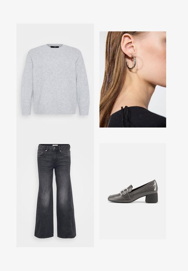 Vero Moda Curve Knitted VMCBOOM Knitted - Svetrík - light grey melange; Čierne džínsové nohavice s širokými nohavicami a vysokým pásom, s piatimi vreckami, striebornými kovovými doplnkami a jemným vyblednutým vzorom pozdĺž nohavíc.; Čierna kožená topánka so stredným podpätkom a zaoblenou špičkou, s dekoratívnym remienkom so sponou a textúrovaným povrchom na vrchnej časti.; Strieborná kruhová náušnica s lesklým povrchom, obsahujúca malé zlaté akcenty a okrúhly tvar, nosená na lalôčiku ucha.