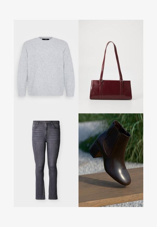 Vero Moda Curve Knitted VMCBOOM Knitted - Striktrøje - light grey melange; Grå slim-fit denimjeans med fem lommer, forreste knap- og lynlåslukning, med subtile falmninger og syningsdetaljer.; Brun læder ankelstøvle med en afrundet tå og en lav blokhælhæl, der har elastiske sidepaneler og en glat, blank finish.; Bordeaux håndtaske lavet af glansfuldt materiale, rektangulær form, med to skulderremme og subtile buede detaljer på forsiden.