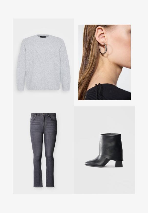 Vero Moda Curve Knitted VMCBOOM Knitted - Striktrøje - light grey melange; Grå slim-fit denimjeans med fem lommer, forreste knap- og lynlåslukning, med subtile falmninger og syningsdetaljer.; Sort læder ankelstøvle med spids tå, glat tekstur og en struktureret blokhæl. Har et højt, foldet kravedesign.; Sølv hoop ørestik med en poleret overflade, prydet med små guld accenter og en rund form, båret på øreflippen.
