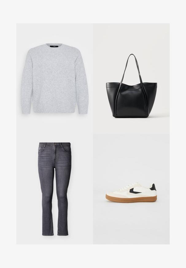 Vero Moda Curve Knitted VMCBOOM Knitted - Striktrøje - light grey melange; Grå slim-fit denimjeans med fem lommer, forreste knap- og lynlåslukning, med subtile falmninger og syningsdetaljer.; Hvide og cremefarvede sneakers med sorte accenter, gummisål, glat tekstur, rund tå og enkelt snørebåndsdesign.; Sort lædertaske med to lange håndtag og en let buet topkant, vist mod en ensfarvet lys baggrund.