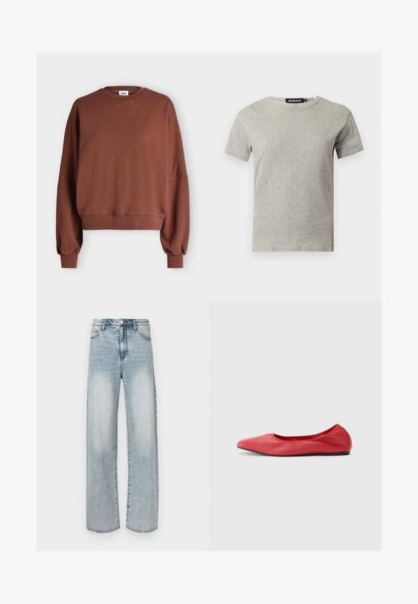 Sweat-shirt marron à manches longues avec poignets et ourlet côtelés, encolure ronde, et discret logo "Drykorn" brodé sur la poitrine gauche.; T-shirt en coton gris clair à manches courtes et col rond avec une étiquette noire visible à l'intérieur du col indiquant "DENIM" et la taille "S."; Jean large couleur bleu clair en denim, doté d'une taille haute, d'un design à cinq poches, d'une texture délavée et de détails de coutures visibles.; Filippa K REY FLATS - Ballerines - bright red
