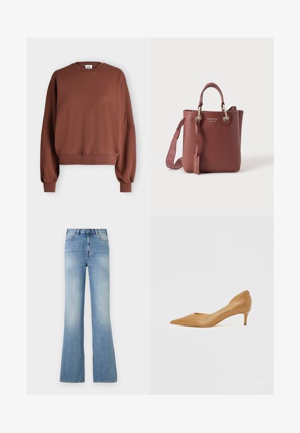 Sweat-shirt marron à manches longues avec poignets et ourlet côtelés, encolure ronde, et discret logo "Drykorn" brodé sur la poitrine gauche.; Jean denim bleu clair taille haute avec bouton et fermeture éclair devant, cinq poches, jambes légèrement évasées et légère décoloration au niveau des cuisses.; Escarpin en cuir marron à bout pointu avec un petit talon, présentant un design ajouré sur le côté pour plus de détails et une texture lisse.; Sac à main en cuir marron avec anses supérieures, bandoulière amovible et quincaillerie argentée, marqué du texte « Emporio Armani ».