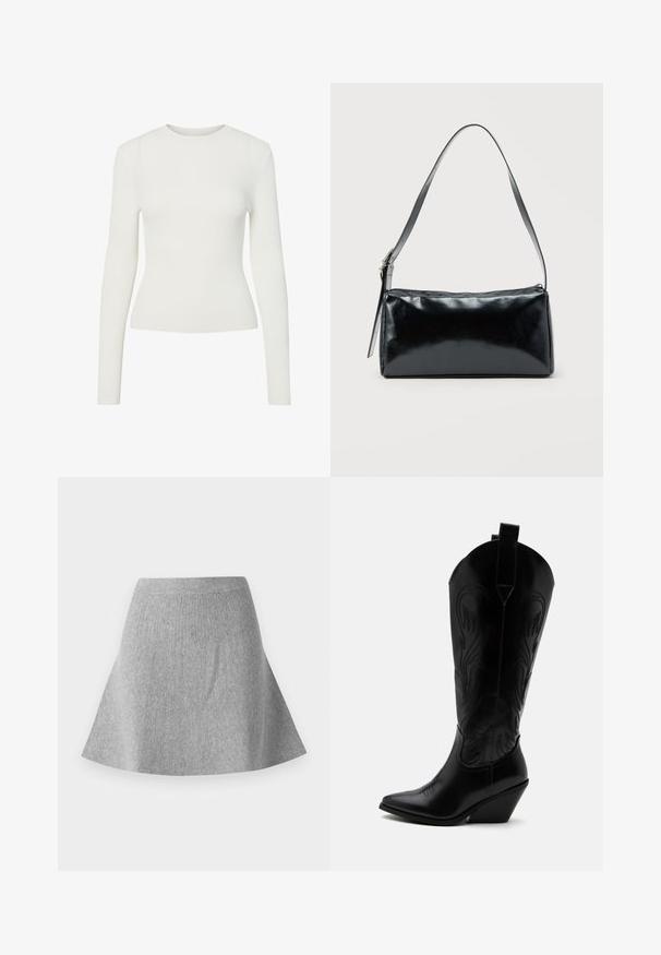 Biely dlhý rukáv rebrované top s okrúhlym výstrihom, fitted strihom a hladkým povrchom. Minimalistický dizajn, žiadne viditeľné vzory ani ozdoby.; Sivá pletená sukňa s rozšírením a textúrovaným povrchom. Obsahuje pás a hladký siluetu, ktorá sa zužuje smerom k spodnému okraju.; Čierna kožená kovbojská čižma so špicatou špičkou, šikmým blokovým podpätkom, dekoratívnym prešitím a ťahacími pútkami na vrchu na bielom pozadí.; Čierna obdĺžniková kabelka na rameno s jedným nastaviteľným remienkom a horným zipsom na jednofarebnom pozadí.