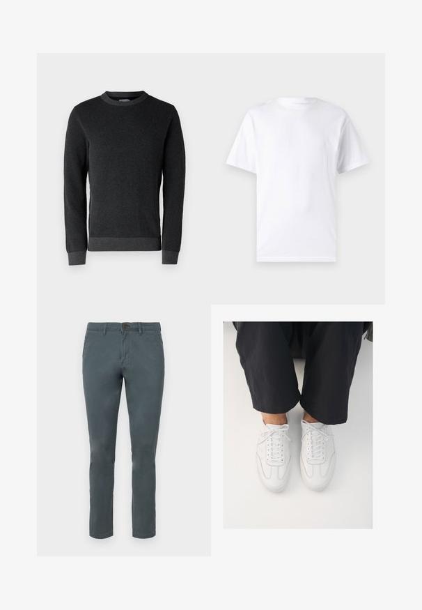 Donkergrijze gebreide trui met een gestructureerd oppervlak, ronde halslijn en ribgebreide manchetten en zoom. Heeft lange mouwen en een klassieke pasvorm.; Witte T-shirt met korte mouwen, gemaakt van katoen, met een ronde hals. Het heeft een gladde textuur en een eenvoudig ontwerp zonder patronen of accenten.; Grijze katoenmix broek met een slim fit, knoopsluiting en twee frontzakken. Glad textuur en recht gesneden ontwerp.; Witte leren sneakers met een gladde textuur, ronde neus en klassiek vetersysteem, gepositioneerd boven donkere, losse broeken.