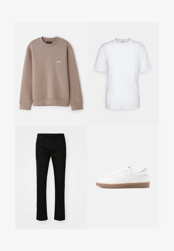 Sweatshirt marron en matériau doux. Doté d'un col rond et de poignets côtelés. Logo décoratif "EVA" sur la poitrine avec un emblème au-dessus.; T-shirt en coton blanc avec un col rond, des manches courtes et un ourlet droit. Présente une petite étiquette de marque sur la couture latérale gauche.; Jean en denim noir avec une coupe droite, style à cinq poches et fermeture à bouton. Texture lisse avec des détails de couture subtils.; Baskets basses blanches avec semelle en caoutchouc gomme, superpositions cousues et fermeture à lacets sur fond neutre.