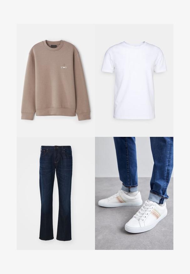 Brun sweatshirt lavet af blødt materiale. Har rund hals og ribbede manchetter. Dekorativ "EVA" logo på brystet med et emblem ovenover.; Hvid kortærmet t-shirt i bomuldsstof med rund halsudskæring. Enkel design uden mønstre eller detaljer. Glat tekstur.; Mørkeblå denimjeans med lige pasform, fem-lomme design og markante syninger. Stoffet har en glat tekstur.; Hvide lædersneakers med multicolore striber, snørebåndsdesign, gummisål og polstret krave, parret med blå denimjeans.