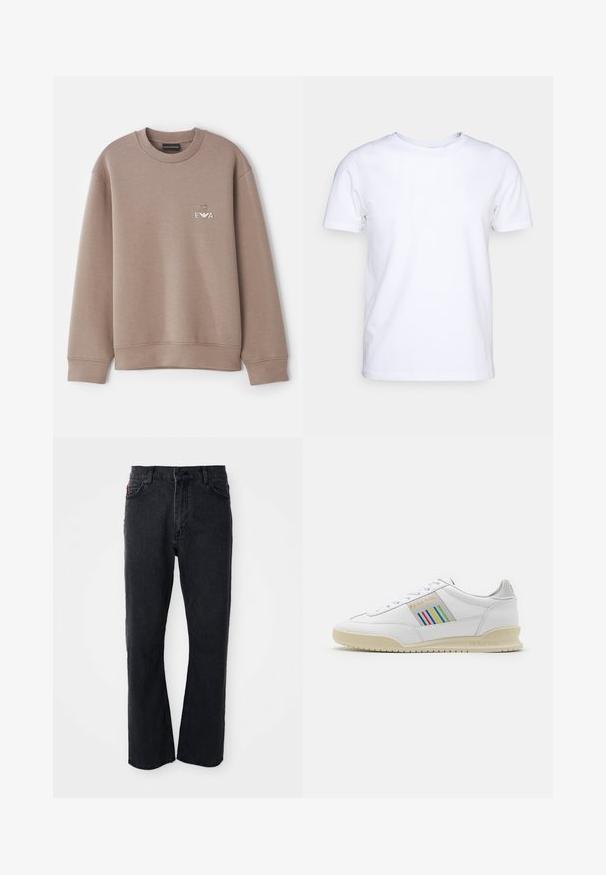 Sweatshirt marron en matériau doux. Doté d'un col rond et de poignets côtelés. Logo décoratif "EVA" sur la poitrine avec un emblème au-dessus.; T-shirt blanc à manches courtes en tissu de coton avec un col rond. Design simple sans motifs ni accents. Texture lisse.; Jean en denim noir avec une coupe droite, taille haute, fermeture par bouton, et des détails de couture subtils le long des poches et des coutures.; Basket en cuir blanc avec une semelle crème, des accents de rayures multicolores sur le côté et un logo "PS Paul Smith" en doré.