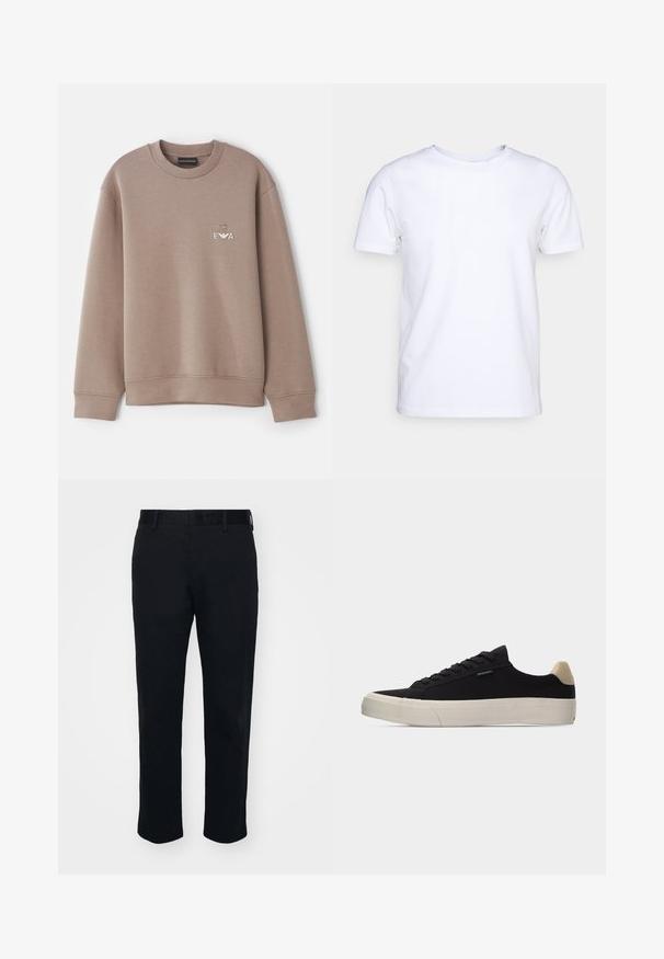 Brun sweatshirt lavet af blødt materiale. Har rund hals og ribbede manchetter. Dekorativ "EVA" logo på brystet med et emblem ovenover.; Hvid kortærmet t-shirt i bomuldsstof med rund halsudskæring. Enkel design uden mønstre eller detaljer. Glat tekstur.; Sorte bukser med lige ben, lavet af et glat stof. Har en talje og bæltestropper, uden synlige lommer eller mønstre.; Sort lavsko med beige hælkappe, tyk hvid gummisål, sorte snørebånd og lille "PS Paul Smith" mærke på siden.