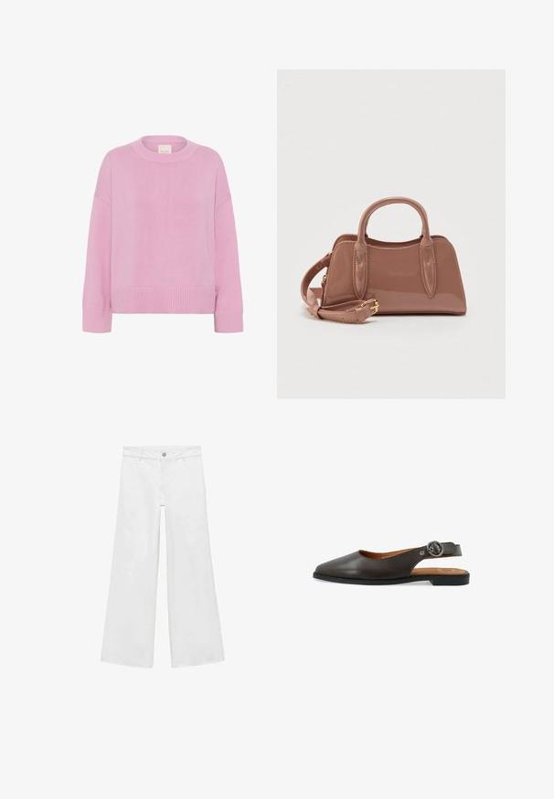 Pink striktrøje med rund halsudskæring, sænkede skuldre og ribbede cuffs. Stoffet har en blød tekstur og en afslappet pasform.; Hvide, vide jeans med knaplukning og fem lommer, fremstillet af denim med en glat tekstur, der har et klassisk design.; Brun læder slingback-sko med spids tå, tekstureret overdel og cirkulært metalpynt på remmen. Flad gummisål.; Skinnende lyserød håndtaske med to øverste håndtag, en aftagelig skulderrem og dekorative syningsdetaljer. Kompakt, struktureret form.