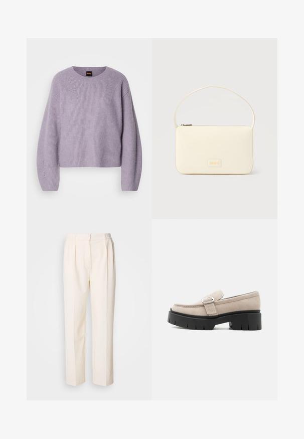 Suéter de punto de color púrpura claro con cuello redondo, hombros caídos y textura de canalé. Presenta un sutil patrón de costura a lo largo de las costuras.; Lacoste Pantalones - lapland; Mocasín de ante beige con hebilla plateada y suela negra gruesa y gruesa, vista lateral sobre fondo blanco.; Bolso rectangular color crema con una sola correa y cremallera superior, con una pequeña placa de logotipo en relieve en el frente.
