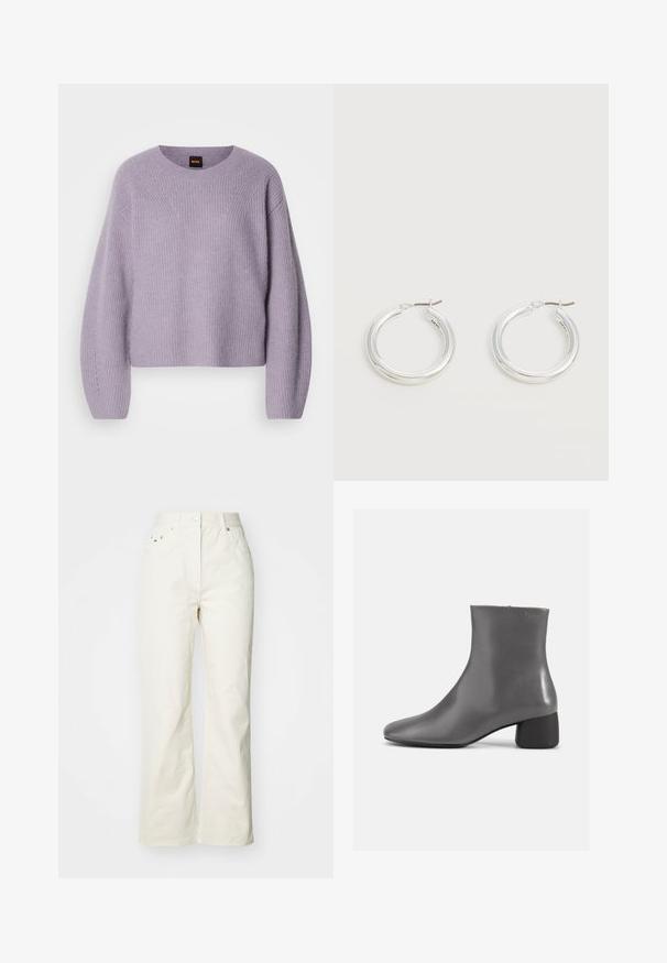 Pull en laine violet clair avec un col arrondi, des épaules chamarrées et une texture côtelée. Présente un motif de couture subtil le long des coutures.; Pantalon large couleur beige clair en coton, avec une taille haute, une fermeture à bouton à l'avant, et deux poches latérales avec des détails de couture subtils.; Bottine en cuir gris avec un design épuré, bout pointu et un petit talon carré. Texture lisse avec un branding minimaliste sur le côté.; Paire de boucles d'oreilles créoles moyennes argentées brillantes avec de fines attaches métalliques sur un fond clair et neutre.