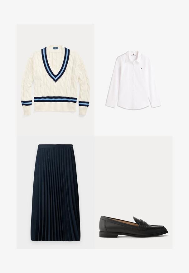 Pull crème en tricot torsadé avec un col en V, arborant des rayures bleu marine et bleu clair sur le col et l'ourlet inférieur.; Chemise blanche à manches longues, boutonnée, avec col et petit logo brodé sur la poitrine gauche.; Jupe plissée marine avec une taille texturée, en tissu lisse, présentant des plis verticaux régulièrement espacés et un design mi-mollet.; Mocassin en cuir noir pour femme avec un petit talon, bout arrondi et détails cousus sur la tige, vu de profil sur un fond uni.