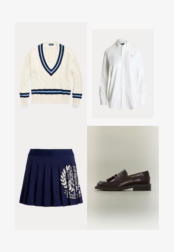 Suéter de punto en crema con escote en V, que presenta rayas en azul marino y azul claro en el cuello y el dobladillo inferior.; Camisa blanca de manga larga con botones, cuello abotonado y pequeño logo bordado de jugador de polo en el pecho izquierdo.; Falda plisada azul marino con cinturilla ancha y logotipo blanco con escudo temático de tenis en el lado inferior derecho.; Mocasín de cuero marrón oscuro con borlas, tacón bajo y suela cosida, mostrado de lado sobre un fondo neutro.