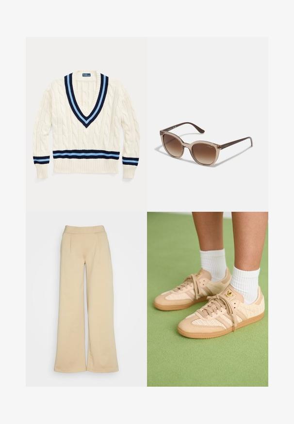 Pull crème en tricot torsadé avec un col en V, arborant des rayures bleu marine et bleu clair sur le col et l'ourlet inférieur.; Pantalons wide-leg beige avec une texture lisse, featuring une taille haute et deux plis à l'avant ajoutant un détail de design.; Pieds portant des baskets Adidas tissées beiges avec des semelles en gomme et des chaussettes blanches à la cheville sur un sol vert texturé.; Lunettes de soleil dégradées brunes avec une monture transparente, de forme ronde, et des branches en brun foncé arborant le logo doré "vogue".