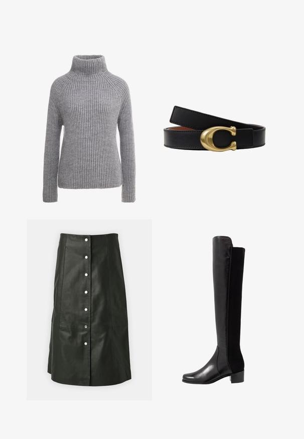 Pull en maille grise avec un col roulé haut, texture côtelée et manches longues. Présente des coutures raglan et une silhouette ajustée.; Jupe midi en cuir noir avec fermeture à boutons-pression argentés sur le devant et couture en panneaux, ourlet légèrement évasé, sans poches visibles.; Stuart Weitzman RESERVE - Cuissardes - black; COACH SCULPTED REVERSIBLE BELT - Ceinture - saddle