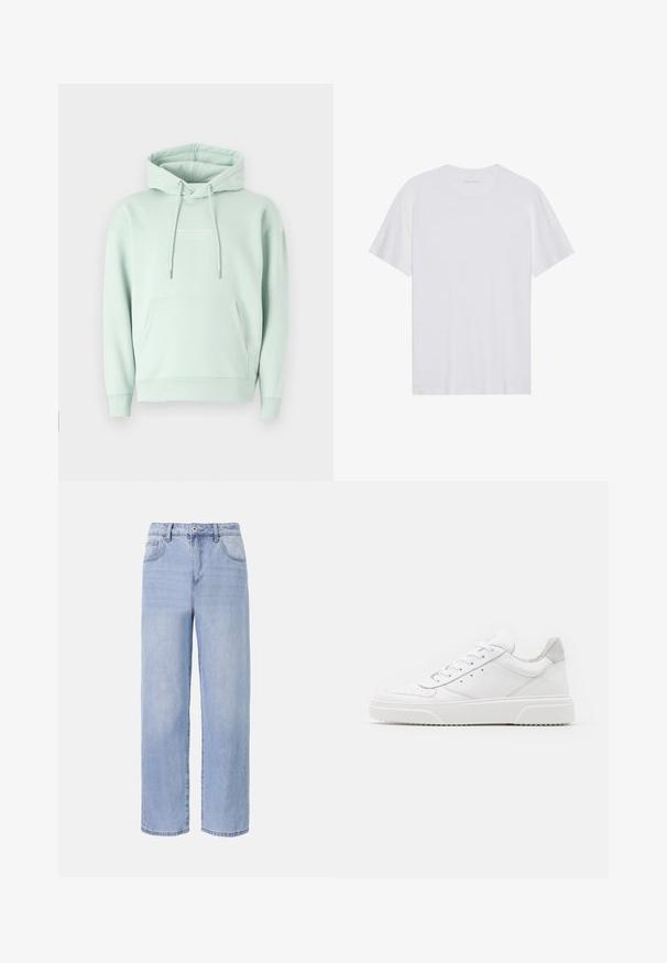 Sudadera verde menta hecha de una mezcla de algodón. Cuenta con un bolsillo canguro, capucha ajustable con cordón y puños acanalados con un logotipo en el pecho.; Camiseta de algodón blanca con mangas cortas, cuello redondo y una textura suave. Presenta una marca mínima en el escote.; Jeans de mezclilla de color azul claro con un diseño relajado y de pierna ancha. Las características incluyen cinco bolsillos, un cierre de botón en el frente y un desvanecimiento sutil.; Zapatillas de cuero blanca con un acabado suave, punta redondeada, cordones planos y una suela texturada. Acento de ante gris en el talón.