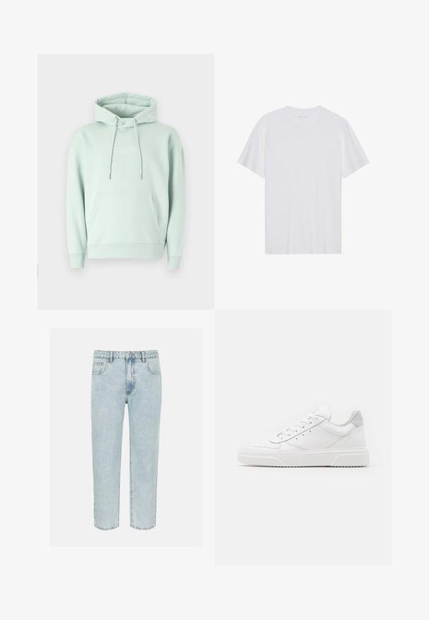Sudadera verde menta hecha de una mezcla de algodón. Cuenta con un bolsillo canguro, capucha ajustable con cordón y puños acanalados con un logotipo en el pecho.; Camiseta de algodón blanca con mangas cortas, cuello redondo y una textura suave. Presenta una marca mínima en el escote.; Vaqueros denim azul claro de corte recto, con bolsillos delanteros, trabillas para cinturón y cierre de botón.; Zapatillas de cuero blanca con un acabado suave, punta redondeada, cordones planos y una suela texturada. Acento de ante gris en el talón.