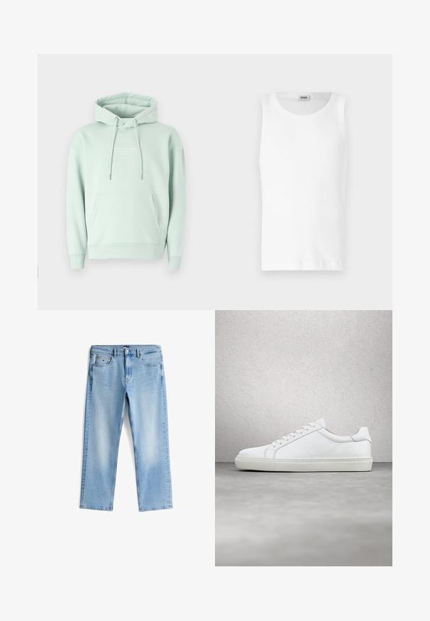 Sudadera verde menta hecha de una mezcla de algodón. Cuenta con un bolsillo canguro, capucha ajustable con cordón y puños acanalados con un logotipo en el pecho.; Camiseta sin mangas de algodón blanco con cuello redondo y una textura suave. Diseño sencillo, sin patrones ni acentos.; Jeans de mezclilla azul claro con un diseño de pierna recta, estilo de cinco bolsillos y un cierre de botón. Presentan un leve desgaste y detalles de costura típicos.; Zapatilla blanca con parte superior de cuero liso y perfil bajo. Presenta una puntera redondeada, seis ojales y una suela de goma texturizada.