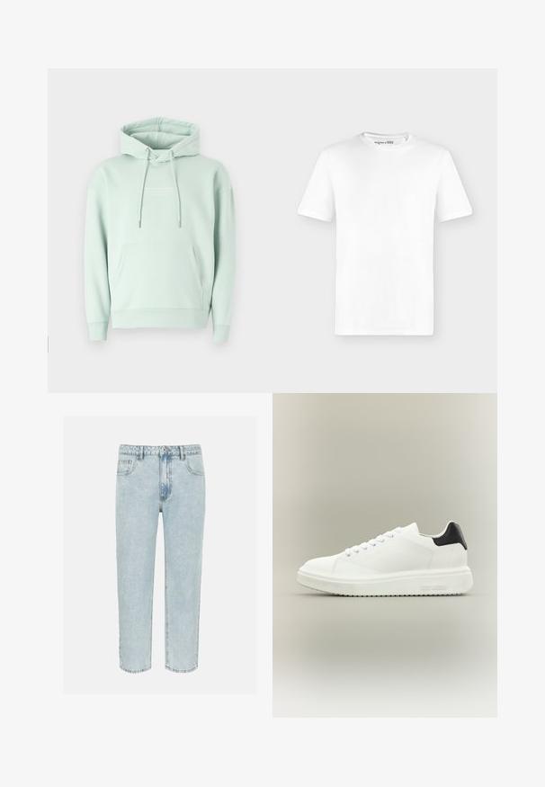 Lichtgroene hoodie van een katoenmengsel. Voorzien van een buidelzak, een verstelbare capuchon met trekkoord en ribgebreide manchetten met een logo op de borst.; Effen wit T-shirt met korte mouwen en een ronde hals, voorkant getoond tegen een lichtgrijze achtergrond zonder zichtbare logo's.; Lichtblauwe straight-leg denim jeans met voorzakken, riemlussen en een knoopsluiting.; Witte lage sneaker met dikke zool, veters aan de voorkant en een zwart hielstuk, gebrandmerkt met "Steve Madden" op de zijkant van de zool.